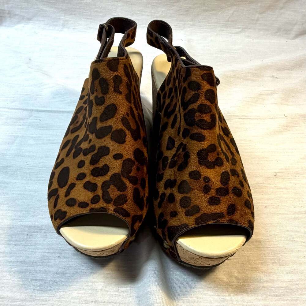 Volatile Leopard Print Suede Peep Toe Wedge Slingback Clog Platform Sandals Size